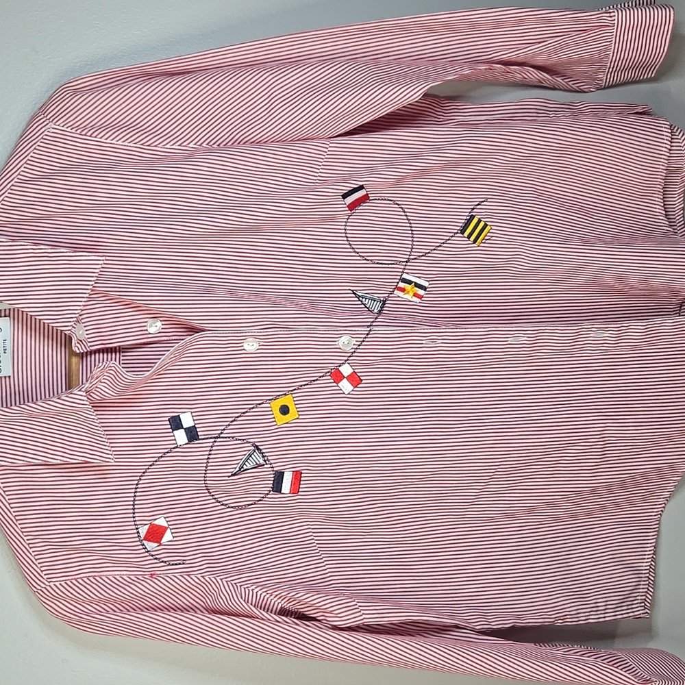 Breckenridge Size Large Petite Red and White Striped Nautical Button Down Shirt
